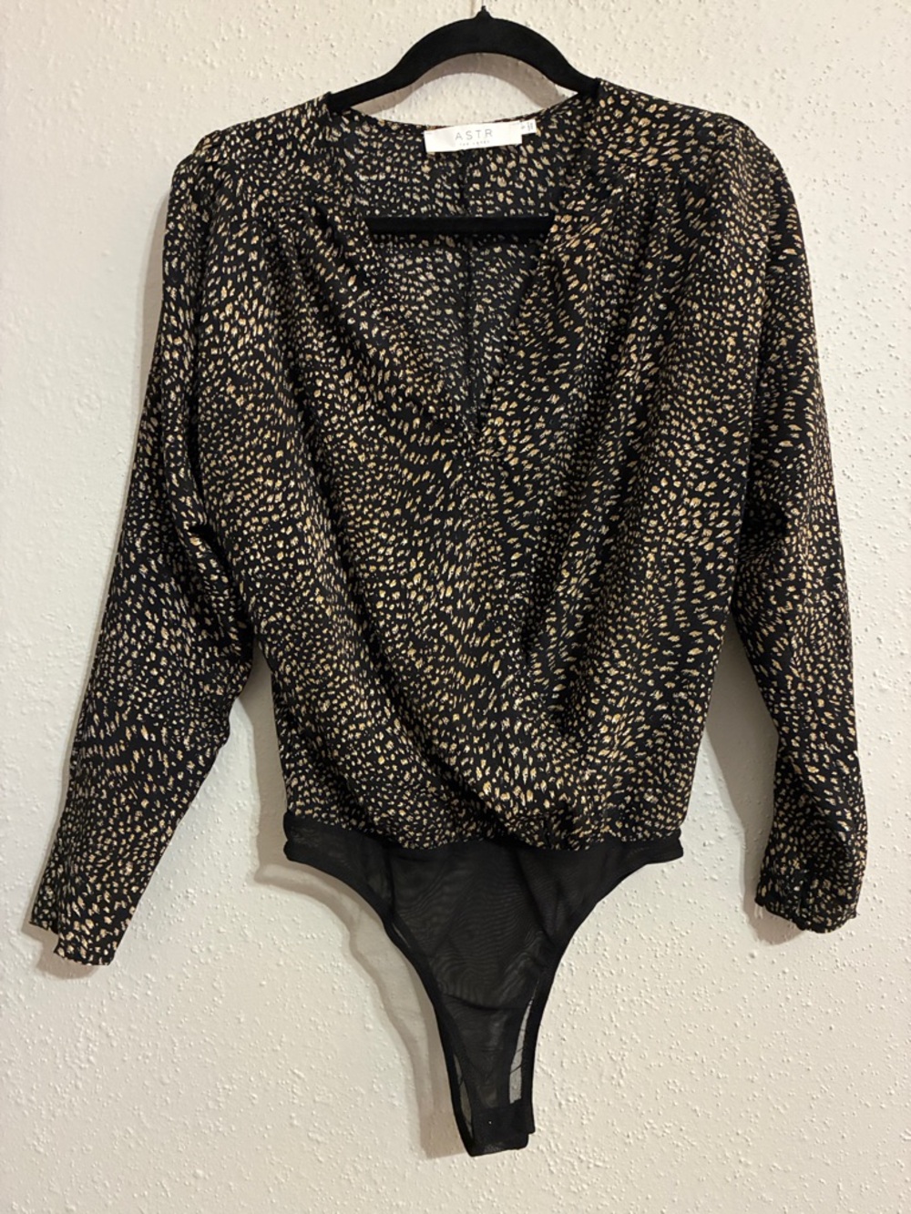 Astr Black Bodysuit with Tan Speckle Print